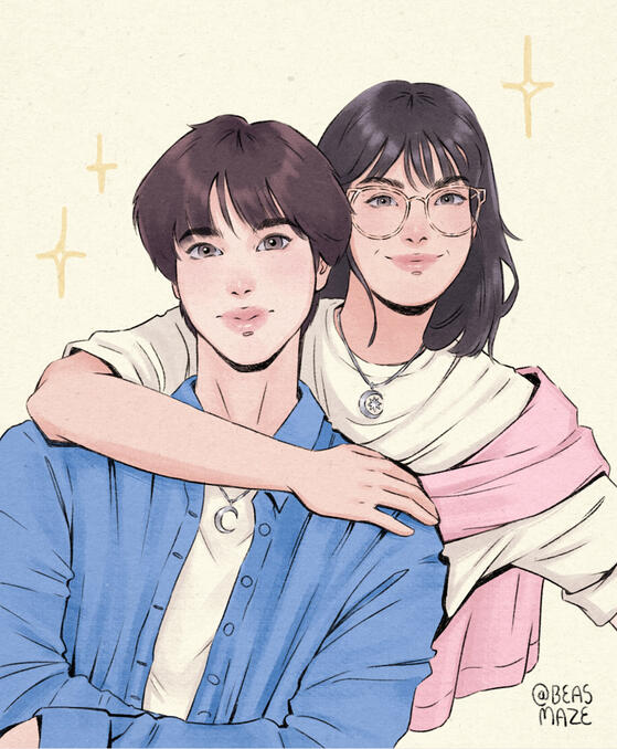 duas pessoas até o busto, pintura simples